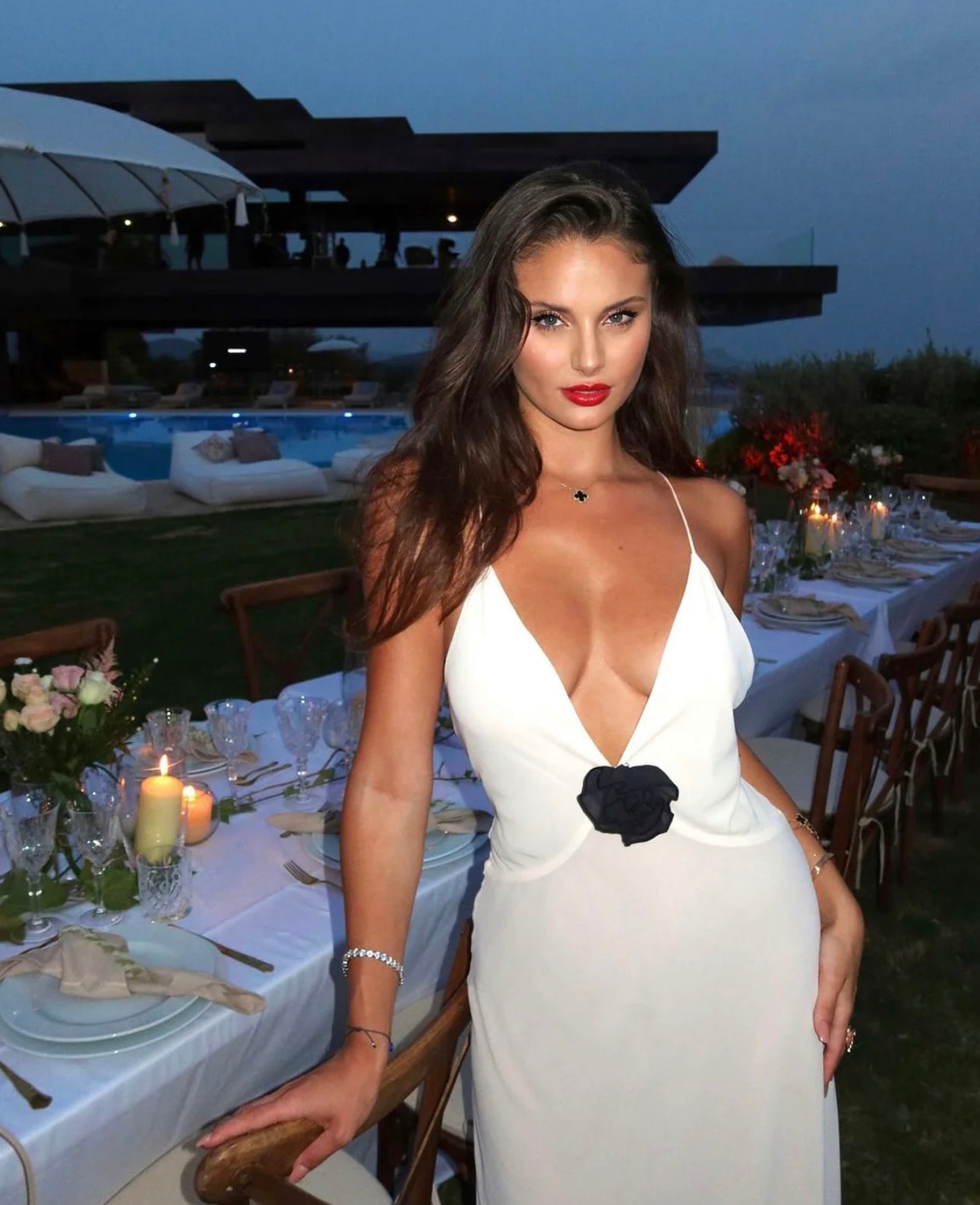 Helsa Sheer Deep V Maxi Ivory