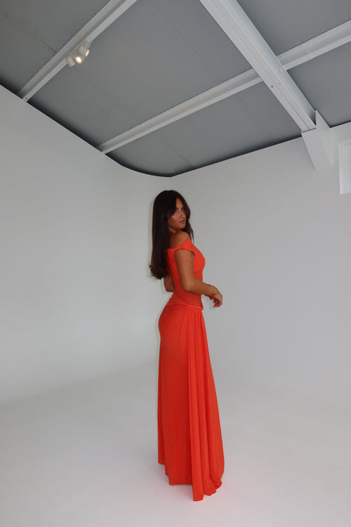 misha sisal mesh dress MISHA Sisal Mesh Gown Chilli Red – shortandsweethire