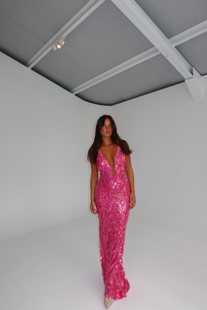 MISHA Sapphire Sequin Gown Fuchsia