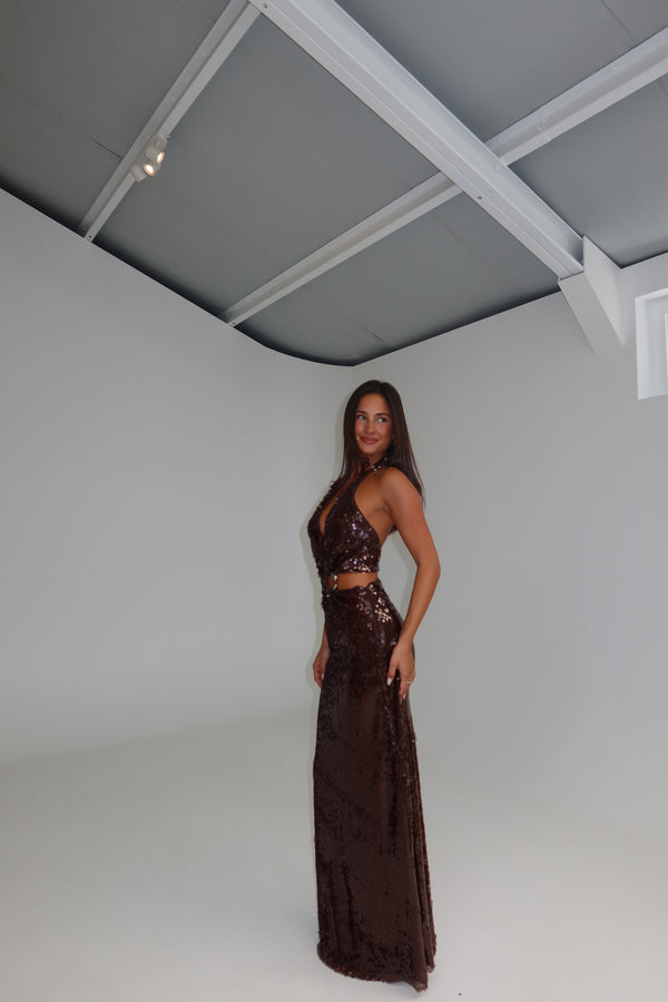 Misha Devon Sequin Gown Chocolate