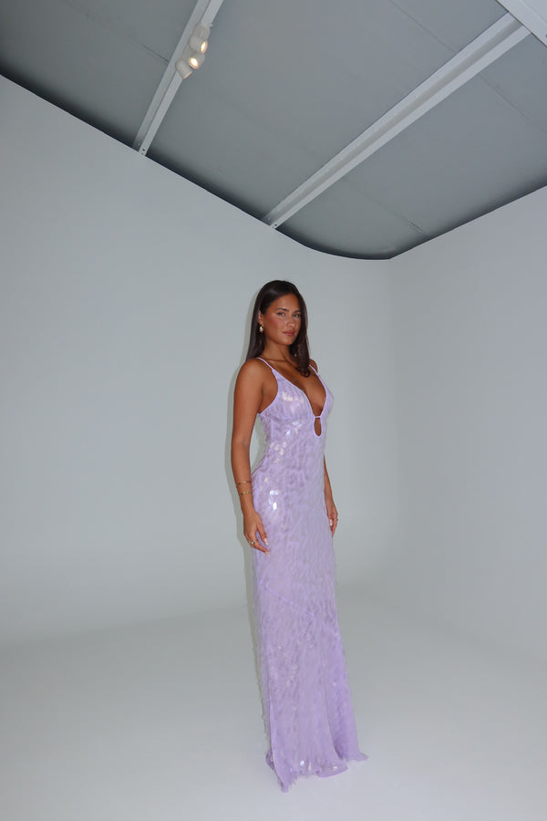 MISHA Sapphire Sequin Gown Lilac
