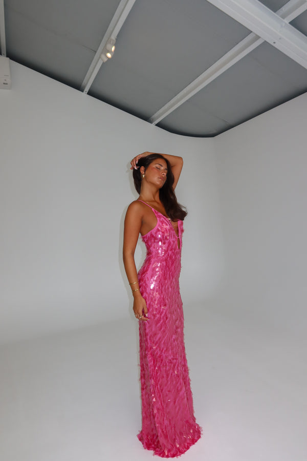 MISHA Sapphire Sequin Gown Fuchsia