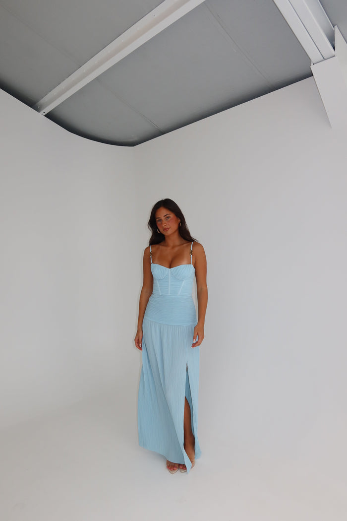 manning cartell double time pleat dress blue Discover the Cerulean Blue Double Time Pleat Dress