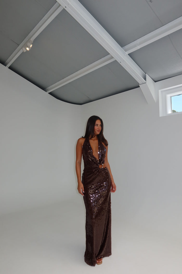 misha brown sequin dress Misha Collection The Sapphire Sequin Maxi Dress in Fig Brown Size 10/M