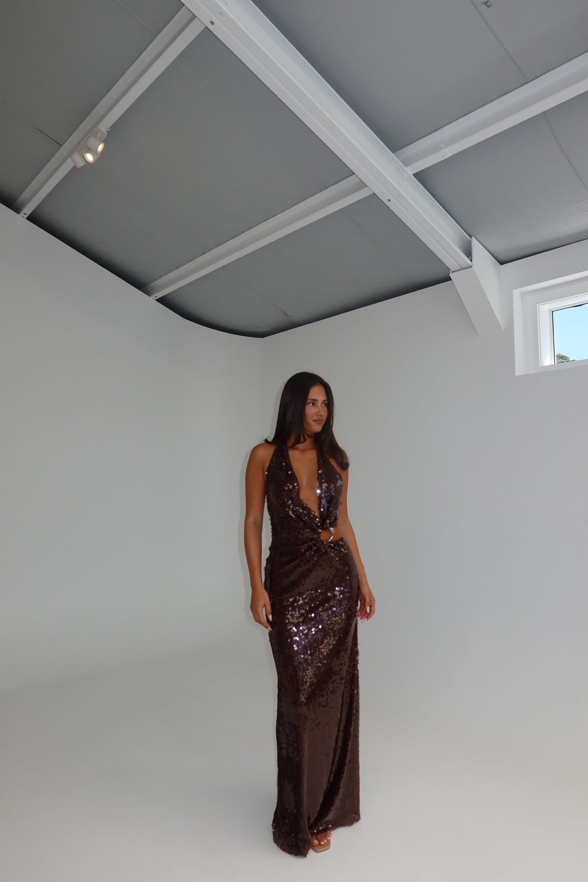Misha Devon Sequin Gown Chocolate shortandsweethire