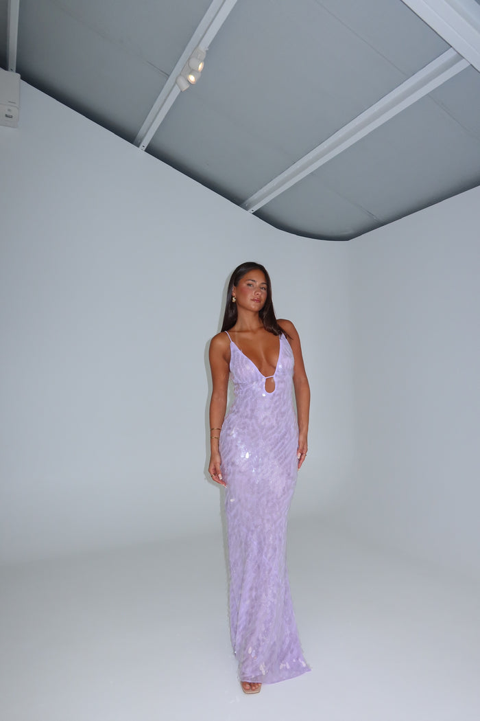 MISHA Sapphire Sequin Gown Lilac